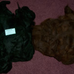 Pure Alpaca. 1.1 lbs of the black, and 1.3 lbs of the chocolate. Natural Colors: Not dyed. $35 / lb (only charged for 2 lbs total)